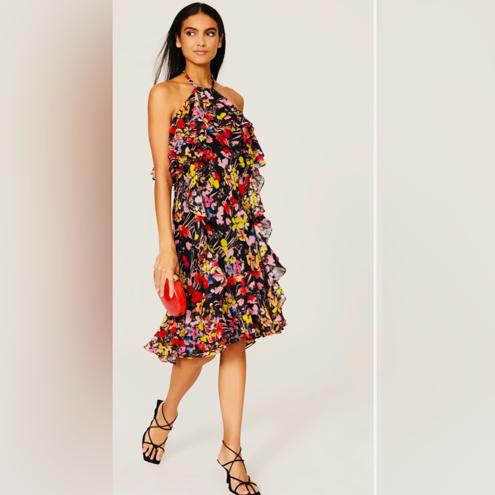 NWT Jason Wu women’s chiffon multicolored floral halter neck ruffled midi dress